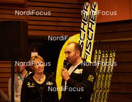 28.11.2014, Ruka, Finland (FIN): Fischer press conference at Ruka conference center with Tanja Winterhalder und Gerhard Urain (l-r) - FIS world cup cross-country, training, Ruka (FIN). www.nordicfocus.com. © Felgenhauer/NordicFocus. Every downloaded picture is fee-liable.