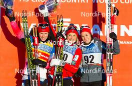06.12.2014, Lillehammer, Norway (NOR): (l-r) Marit Bjoergen (NOR), Fischer, Swix, Rottefella, Therese Johaug (NOR), Fischer, Swix, Rottefella and Heidi Weng (NOR), Madshus, Swix, Rottefella - FIS world cup cross-country, 5km women, Lillehammer (NOR). www.nordicfocus.com. © Laiho/NordicFocus. Every downloaded picture is fee-liable.