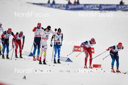 07.12.2014, Lillehammer, Norway (NOR): Sergey Ustiugov (RUS), Evgeniy Belov (RUS), Alex Harvey (CAN), Matti Heikkinen (FIN), Niklas Dyrhaug (NOR), Maxim Vylegzhanin (RUS), (l-r)  - FIS world cup cross-country, pursuit men, Lillehammer (NOR). www.nordicfocus.com. © Felgenhauer/NordicFocus. Every downloaded picture is fee-liable.