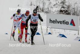 07.12.2014, Lillehammer, Norway (NOR): Dario Cologna (SUI), Fischer, Swix, Alpina, Rottefella, Odlo followed by Niklas Dyrhaug (NOR), Fischer, Swix, Alpina, Rottefella, Skigo and Alex Harvey (CAN), Fischer, Swix, Salomon, One Way - FIS world cup cross-country, pursuit men, Lillehammer (NOR). www.nordicfocus.com. © Laiho/NordicFocus. Every downloaded picture is fee-liable.