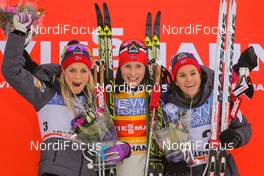 07.12.2014, Lillehammer, Norway (NOR): (l-r) Therese Johaug (NOR), Fischer, Swix, Rottefella, Marit Bjoergen (NOR), Fischer, Swix, Rottefella and Heidi Weng (NOR), Madshus, Swix, Rottefella - FIS world cup cross-country, pursuit women, Lillehammer (NOR). www.nordicfocus.com. © Laiho/NordicFocus. Every downloaded picture is fee-liable.