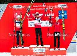 11.01.2014, Chaux-Neuve, France (FRA): (l-r) Magnus Krog (NOR), Fischer, Alpina, Rottefella, Swix, Mikko Kokslien (NOR), Fischer, Swix, Rottefella and Joergen Graabak (NOR), Fischer, Swix, Alpina, Rottefella - FIS world cup nordic combined, individual gundersen HS118/10km, Chaux-Neuve (FRA). www.nordicfocus.com. © Becker/NordicFocus. Every downloaded picture is fee-liable.