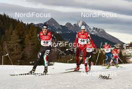 18.01.2014, Seefeld, Austria (AUT): Armin Bauer (ITA), Gasper Berlot (SLO), Han-Hendrik Piho (EST), Janne Ryynaenen (FIN), (l-r) - FIS world cup nordic combined, individual gundersen HS109/10km, Seefeld (AUT). www.nordicfocus.com. © Felgenhauer/NordicFocus. Every downloaded picture is fee-liable.