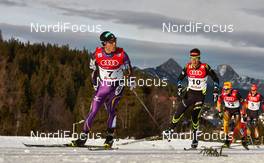 18.01.2014, Seefeld, Austria (AUT): Akito Watabe (JPN), Jason Lamy Chappuis (FRA), Fabian Riessle (GER), Tobias Haug (GER), (l-r) - FIS world cup nordic combined, individual gundersen HS109/10km, Seefeld (AUT). www.nordicfocus.com. © Felgenhauer/NordicFocus. Every downloaded picture is fee-liable.