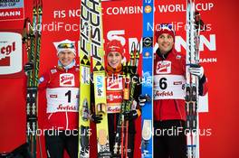 19.01.2014, Seefeld, Austria (AUT): Haavard Klemetsen (NOR), Eric Frenzel (GER), Magnus Moan (NOR), (l-r), (l-r) - FIS world cup nordic combined, individual gundersen HS109/15km, Seefeld (AUT). www.nordicfocus.com. © Felgenhauer/NordicFocus. Every downloaded picture is fee-liable.