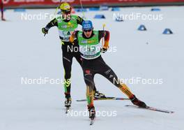 01.03.2014, Lahti, Finland (FIN): Tino Edelmann (GER), Madshus, Leki, Rottefella, Adidas followed by Sebastian Lacroix (FRA), Salomon, One Way - FIS world cup nordic combined, team sprint HS130/2x7.5km, Lahti (FIN). www.nordicfocus.com. © Laiho/NordicFocus. Every downloaded picture is fee-liable.