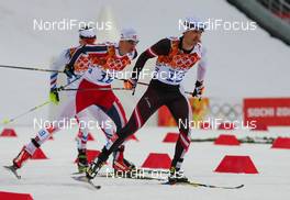 18.02.2014, Sochi, Russia (RUS): Lukas Klapfer (AUT), Salomon, Swix, Loeffler followed by Magnus Krog (NOR), Fischer, Alpina, Rottefella, Swix - XXII. Olympic Winter Games Sochi 2014, nordic combined, individual gundersen HS140/10km, Sochi (RUS). www.nordicfocus.com. © NordicFocus. Every downloaded picture is fee-liable.