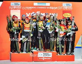 20.12.2014, Ramsau, Austria (AUT): Team Germany, Team Norway, Team France, (l-r) - FIS world cup nordic combined, team sprint HS98/2x7.5km, Ramsau (AUT). www.nordicfocus.com. © Felgenhauer/NordicFocus. Every downloaded picture is fee-liable.