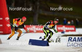 20.12.2014, Ramsau, Austria (AUT): Johannes Rydzek (GER), Francois Braud (FRA), (l-r)  - FIS world cup nordic combined, team sprint HS98/2x7.5km, Ramsau (AUT). www.nordicfocus.com. © Felgenhauer/NordicFocus. Every downloaded picture is fee-liable.