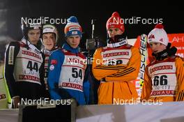 28.02.2014, Lahti, Finland (FIN): (l-r) Gregor Deschwanden (SUI), Fischer, Jurij Tepes (SLO), Fischer, Michael Hayboeck (AUT), Fischer, Andreas Wellinger (GER), Fluege.de and Marinus Kraus (GER), Fischer - FIS world cup ski jumping, individual HS130, Lahti (FIN). www.nordicfocus.com. © Laiho/NordicFocus. Every downloaded picture is fee-liable.