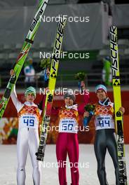 09.02.2014, Sochi, Russia (RUS): (l-r) Peter Prevc (SLO), Kamil Stoch (POL), Fischer and Anders Bardal (NOR), Fischer - XXII. Olympic Winter Games Sochi 2014, ski jumping, individual HS106, Sochi (RUS). www.nordicfocus.com. © NordicFocus. Every downloaded picture is fee-liable.
