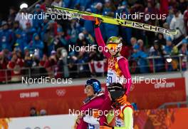 09.02.2014, Sochi, Russia (RUS): (l-r) Maciej Kot (POL), Fischer, Kamil Stoch (POL), Fischer and Jan Ziobro (POL) - XXII. Olympic Winter Games Sochi 2014, ski jumping, individual HS106, Sochi (RUS). www.nordicfocus.com. © NordicFocus. Every downloaded picture is fee-liable.