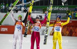 15.02.2014, Sochi, Russia (RUS): (l-r) Peter Prevc (SLO), Kamil Stoch (POL), Fischer and Noriaki Kasai (JPN), Fischer - XXII. Olympic Winter Games Sochi 2014, ski jumping, individual HS140, Sochi (RUS). www.nordicfocus.com. © NordicFocus. Every downloaded picture is fee-liable.