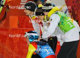 17.02.2014, Sochi, Russia (RUS): (l-r) Severin Freund (GER), Fischer, Andreas Wank (GER), Andreas Wellinger (GER), Fluege.de and Marinus Kraus (GER), Fischer  - XXII. Olympic Winter Games Sochi 2014, ski jumping, team HS140, Sochi (RUS). www.nordicfocus.com. © NordicFocus. Every downloaded picture is fee-liable.