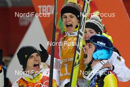 17.02.2014, Sochi, Russia (RUS): (l-r) Andreas Wank (GER), Andreas Wellinger (GER), Fluege.de, Marinus Kraus (GER), Fischer and Severin Freund (GER), Fischer - XXII. Olympic Winter Games Sochi 2014, ski jumping, team HS140, Sochi (RUS). www.nordicfocus.com. © NordicFocus. Every downloaded picture is fee-liable.
