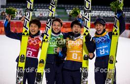 17.02.2014, Sochi, Russia (RUS): (l-r) Reruhi Shimizu (JPN), Fischer, Taku Takeuchi (JPN), Fischer, Daiki Ito (JPN), Fischer and Noriaki Kasai (JPN), Fischer - XXII. Olympic Winter Games Sochi 2014, ski jumping, team HS140, Sochi (RUS). www.nordicfocus.com. © NordicFocus. Every downloaded picture is fee-liable.