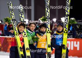17.02.2014, Sochi, Russia (RUS): (l-r) Reruhi Shimizu (JPN), Fischer, Taku Takeuchi (JPN), Fischer, Daiki Ito (JPN), Fischer and Noriaki Kasai (JPN), Fischer - XXII. Olympic Winter Games Sochi 2014, ski jumping, team HS140, Sochi (RUS). www.nordicfocus.com. © NordicFocus. Every downloaded picture is fee-liable.