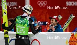 17.02.2014, Sochi, Russia (RUS): (l-r) Thomas Morgenstern (AUT), Fischer and Florian Kotlaba (AUT) - XXII. Olympic Winter Games Sochi 2014, ski jumping, team HS140, Sochi (RUS). www.nordicfocus.com. © NordicFocus. Every downloaded picture is fee-liable.