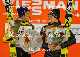 29.11.2014, Ruka, Finland (FIN): (l-r) Noriaki Kasai (JPN), Fischer and Simon Ammann (SUI), Fischer - FIS world cup ski jumping, individual HS142, Ruka (FIN). www.nordicfocus.com. © Laiho/NordicFocus. Every downloaded picture is fee-liable.