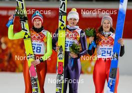 11.02.2014, Sochi, Russia (RUS): (l-r) Daniela Iraschko-Stolz (AUT), Fischer, Carina Vogt (GER), Fischer and Coline Mattel (FRA), Fluege.de - XXII. Olympic Winter Games Sochi 2014, ski jumping ladies, individual HS106, Sochi (RUS). www.nordicfocus.com. © NordicFocus. Every downloaded picture is fee-liable.