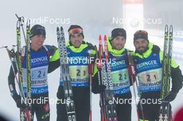 08.01.2015, Oberhof, Germany (GER): Quentin Fillon Maillet (FRA), Simon Desthieux (FRA), Jean Guillaume Beatrix (FRA), Simon Fourcade (FRA) - IBU world cup biathlon, relay men, Oberhof (GER). www.nordicfocus.com. © Manzoni/NordicFocus. Every downloaded picture is fee-liable.