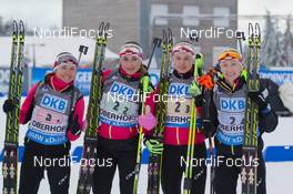 07.01.2015, Oberhof, Germany (GER): Nadezhda Skardino (BLR), Nastassia Dubarezava  (BLR), Nadia Pisareva (BLR), Darya Domracheva (BLR) - IBU world cup biathlon, relay women, Oberhof (GER). www.nordicfocus.com. © Manzoni/NordicFocus. Every downloaded picture is fee-liable.