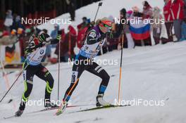 09.01.2015, Oberhof, Germany (GER): Mari Laukkanen (FIN), Anais Bescond (FRA) - IBU world cup biathlon, sprint women, Oberhof (GER). www.nordicfocus.com. © Manzoni/NordicFocus. Every downloaded picture is fee-liable.