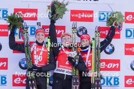 18.01.2015, Ruhpolding, Germany (GER): Franziska Preuss (GER), Darya Domracheva (BLR), Veronika Vitkova (CZE) - IBU world cup biathlon, mass women, Ruhpolding (GER). www.nordicfocus.com. © Manzoni/NordicFocus. Every downloaded picture is fee-liable.