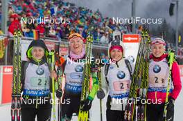 14.01.2015, Ruhpolding, Germany (GER): Iryna Kryuko (BLR), Darya Domracheva (BLR), Nadezhda Skardino (BLR), Nadia Pisareva (BLR) - IBU world cup biathlon, relay women, Ruhpolding (GER). www.nordicfocus.com. © Manzoni/NordicFocus. Every downloaded picture is fee-liable.