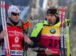 24.01.2015, Antholz, Italy (ITA): Ole Einar Bjoerndalen (NOR), Martin Fourcade (FRA) - IBU world cup biathlon, pursuit men, Antholz (ITA). www.nordicfocus.com. © Manzoni/NordicFocus. Every downloaded picture is fee-liable.
