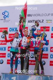 24.01.2015, Antholz, Italy (ITA): Daria Virolaynen (RUS), Darya Domracheva (BLR), Kaisa Maekaeraeinen (FIN) - IBU world cup biathlon, pursuit women, Antholz (ITA). www.nordicfocus.com. © Manzoni/NordicFocus. Every downloaded picture is fee-liable.