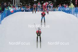 25.01.2015, Antholz, Italy (ITA): Simon Fourcade (FRA) leads Evgeniy Garanichev (RUS) - IBU world cup biathlon, relay men, Antholz (ITA). www.nordicfocus.com. © Manzoni/NordicFocus. Every downloaded picture is fee-liable.