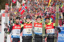 25.01.2015, Antholz, Italy (ITA): Jean Guillaume Beatrix (FRA), Simon Desthieux (FRA), Quentin Fillon Maillet (FRA), Simon Fourcade (FRA) - IBU world cup biathlon, relay men, Antholz (ITA). www.nordicfocus.com. © Manzoni/NordicFocus. Every downloaded picture is fee-liable.
