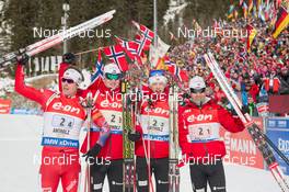25.01.2015, Antholz, Italy (ITA): Emil Hegle Svendsen (NOR), Johannes Thingnes Boe (NOR), Tarjei Boe (NOR), Ole Einar Bjoerndalen (NOR) - IBU world cup biathlon, relay men, Antholz (ITA). www.nordicfocus.com. © Manzoni/NordicFocus. Every downloaded picture is fee-liable.