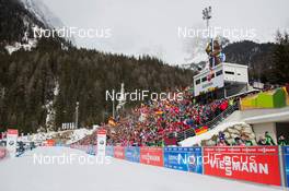 25.01.2015, Antholz, Italy (ITA): Event Feature: The finish area with the grand stand in the back - IBU world cup biathlon, relay men, Antholz (ITA). www.nordicfocus.com. © Manzoni/NordicFocus. Every downloaded picture is fee-liable.