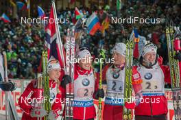 06.02.2015, Nove Mesto, Czech Republic (CZE): Tiril Eckhoff (NOR), Fanny Welle-Strand Horn (NOR), Tarjei Boe (NOR), Johannes Thingnes Boe (NOR) - IBU world cup biathlon, relay mixed, Nove Mesto (CZE). www.nordicfocus.com. © Manzoni/NordicFocus. Every downloaded picture is fee-liable.