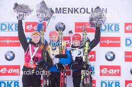 12.02.2015, Oslo, Norway (NOR): Darya Domracheva (BLR), Kaisa Maekaeraeinen (FIN), Veronika Vitkova (CZE) - IBU world cup biathlon Holmenkollen, individual women, Oslo (NOR). www.nordicfocus.com. © Manzoni/NordicFocus. Every downloaded picture is fee-liable.
