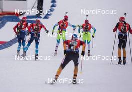 15.02.2015, Oslo, Norway (NOR): Dmitry Malyshko (RUS), Maxim Tsvetkov (RUS), Jakov Fak (SLO), Rokr Trsan (SLO), Andreas Birnbacher  (GER), Arnd Peiffer (GER) - IBU world cup biathlon Holmenkollen, relay men, Oslo (NOR). www.nordicfocus.com. © Manzoni/NordicFocus. Every downloaded picture is fee-liable.