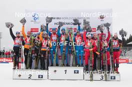 15.02.2015, Oslo, Norway (NOR): Event Feature: The Teams of Germany, Russia and Austria at the flower ceremony - IBU world cup biathlon Holmenkollen, relay men, Oslo (NOR). www.nordicfocus.com. © Manzoni/NordicFocus. Every downloaded picture is fee-liable.