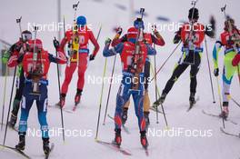 15.02.2015, Oslo, Norway (NOR): Evgeniy Garanichev (RUS), Lukas Hofer (ITA), Michal Krcmar (CZE), Simon Fourcade (FRA) - IBU world cup biathlon Holmenkollen, relay men, Oslo (NOR). www.nordicfocus.com. © Manzoni/NordicFocus. Every downloaded picture is fee-liable.