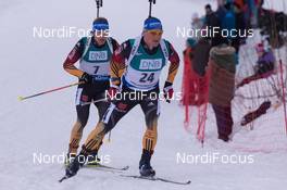 14.02.2015, Oslo, Norway (NOR): Eric Lesser (GER), Andreas Birnbacher  (GER) - IBU world cup biathlon Holmenkollen, sprint men, Oslo (NOR). www.nordicfocus.com. © Manzoni/NordicFocus. Every downloaded picture is fee-liable.