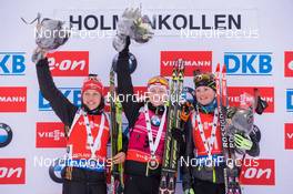 14.02.2015, Oslo, Norway (NOR): Laura Dahlmeier (GER), Darya Domracheva (BLR), Marie Dorin (FRA) - IBU world cup biathlon Holmenkollen, sprint women, Oslo (NOR). www.nordicfocus.com. © Manzoni/NordicFocus. Every downloaded picture is fee-liable.