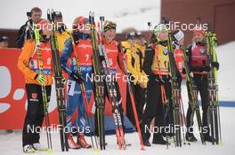 22.03.2015, Khanty-Mansiysk, Russia (RUS):  Laura Dahlmeier (GER), Gabriela Soukalova (CZE), Marie Dorin (FRA), Darya Domracheva (BLR), Karin Oberhofer (ITA), Franziska Preuss (GER), (l-r) - IBU world cup biathlon, mass women, Khanty-Mansiysk (RUS). www.nordicfocus.com. © Tumashov/NordicFocus. Every downloaded picture is fee-liable.
