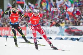 21.03.2015, Khanty-Mansiysk, Russia (RUS): Simon Fourcade (FRA), Ole Einar Bjoerndalen (NOR), (l-r) - IBU world cup biathlon, pursuit men, Khanty-Mansiysk (RUS). www.nordicfocus.com. © Manzoni/NordicFocus. Every downloaded picture is fee-liable.