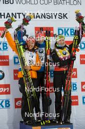 20.03.2015, Khanty-Mansiysk, Russia (RUS): Laura Dahlmeier (GER), Kaisa Maekaeraeinen (FIN), Darya Domracheva (BLR) - IBU world cup biathlon, sprint women, Khanty-Mansiysk (RUS). www.nordicfocus.com. © Manzoni/NordicFocus. Every downloaded picture is fee-liable.