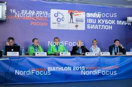 18.03.2015, Khanty-Mansiysk, Russia (RUS): Vladimir Bragin (RUS), Vlastimil Jakes (CZE), Borut Nunar (SLO) IBU race director, Anders Besseberg (NOR) president of International Biathlon Union, Nicole Resch (GER) IBU secretary general, (l-r) - IBU world cup biathlon, training, Khanty-Mansiysk (RUS). www.nordicfocus.com. © Manzoni/NordicFocus. Every downloaded picture is fee-liable.