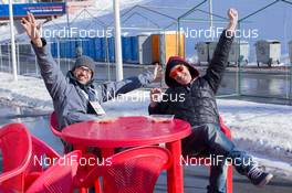 18.03.2015, Khanty-Mansiysk, Russia (RUS): Biathlonworld TV taking a rest. Joris Wauman (BEL), Will Forfestier (FRA) - IBU world cup biathlon, training, Khanty-Mansiysk (RUS). www.nordicfocus.com. © Manzoni/NordicFocus. Every downloaded picture is fee-liable.