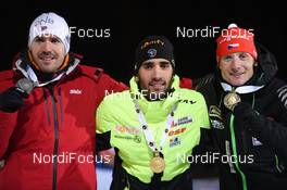 12.03.2015, Kontiolahti, Finland (FIN): Martin FOURCADE (FRA), Emil Hegle SVENDSEN (NOR), Ondrej MORAVEC (CZE) - IBU world championships biathlon, individual men, Kontiolahti (FIN). www.nordicfocus.com. © Evgeny Tumashov/ NordicFocus. Every downloaded picture is fee-liable.