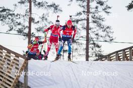 15.03.2015, Kontiolahti, Finland (FIN): Evgeniy Garanichev (RUS), Ole Einar Bjoerndalen (NOR), Benedikt Doll (GER), (l-r) - IBU world championships biathlon, mass men, Kontiolahti (FIN). www.nordicfocus.com. © NordicFocus. Every downloaded picture is fee-liable.