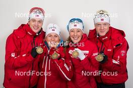 06.03.2015, Kontiolahti, Finland (FIN): (l-r), Tarjei Boe (NOR), Tiril Eckhoff (NOR), Fanny Welle-Strand Horn (NOR), Johannes Thingnes Boe (NOR) - IBU world championships biathlon, medals, Kontiolahti (FIN). www.nordicfocus.com. © NordicFocus. Every downloaded picture is fee-liable.
